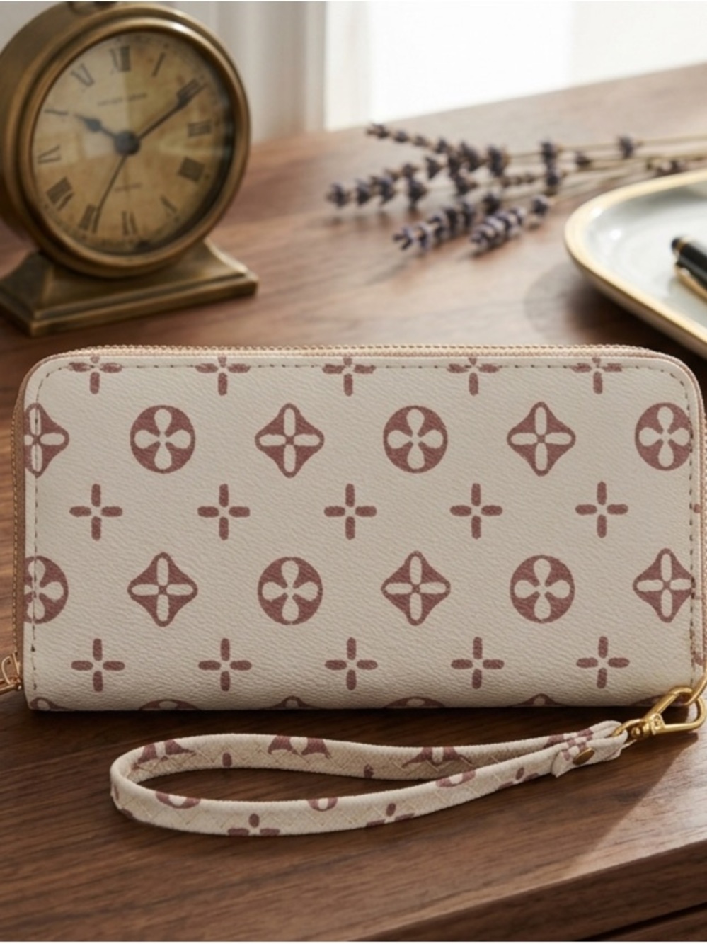 Cream and tan Printed Zip-Around Wristlet Wallet prom clutch